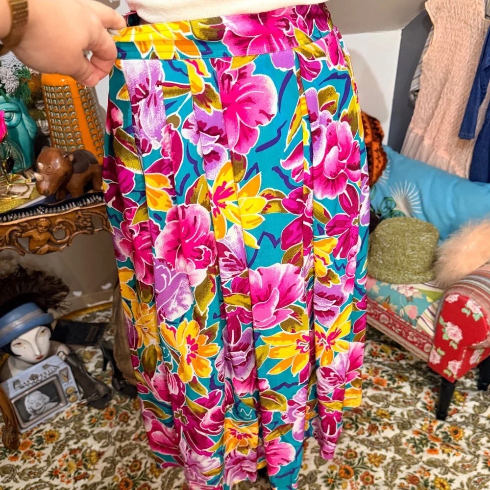 Christian Dior Vintage 80s‎ Floral Rayon Pleated Midi Skirt Pink Teal 14 - Picture 4 of 8